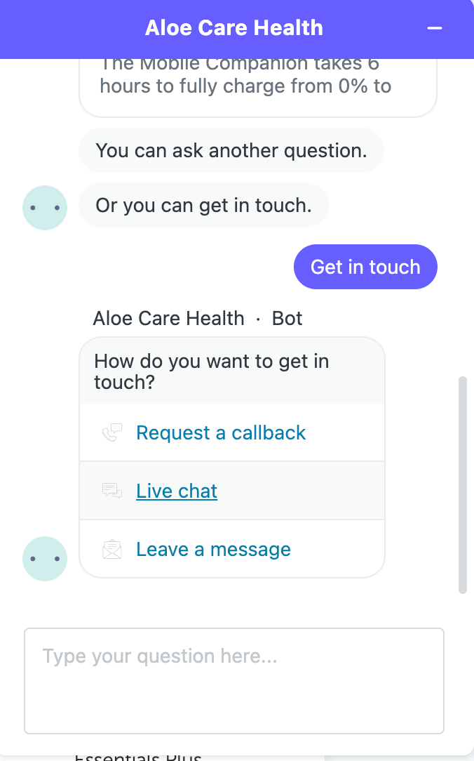 Aloe Care Health Chat Options for Customer Service