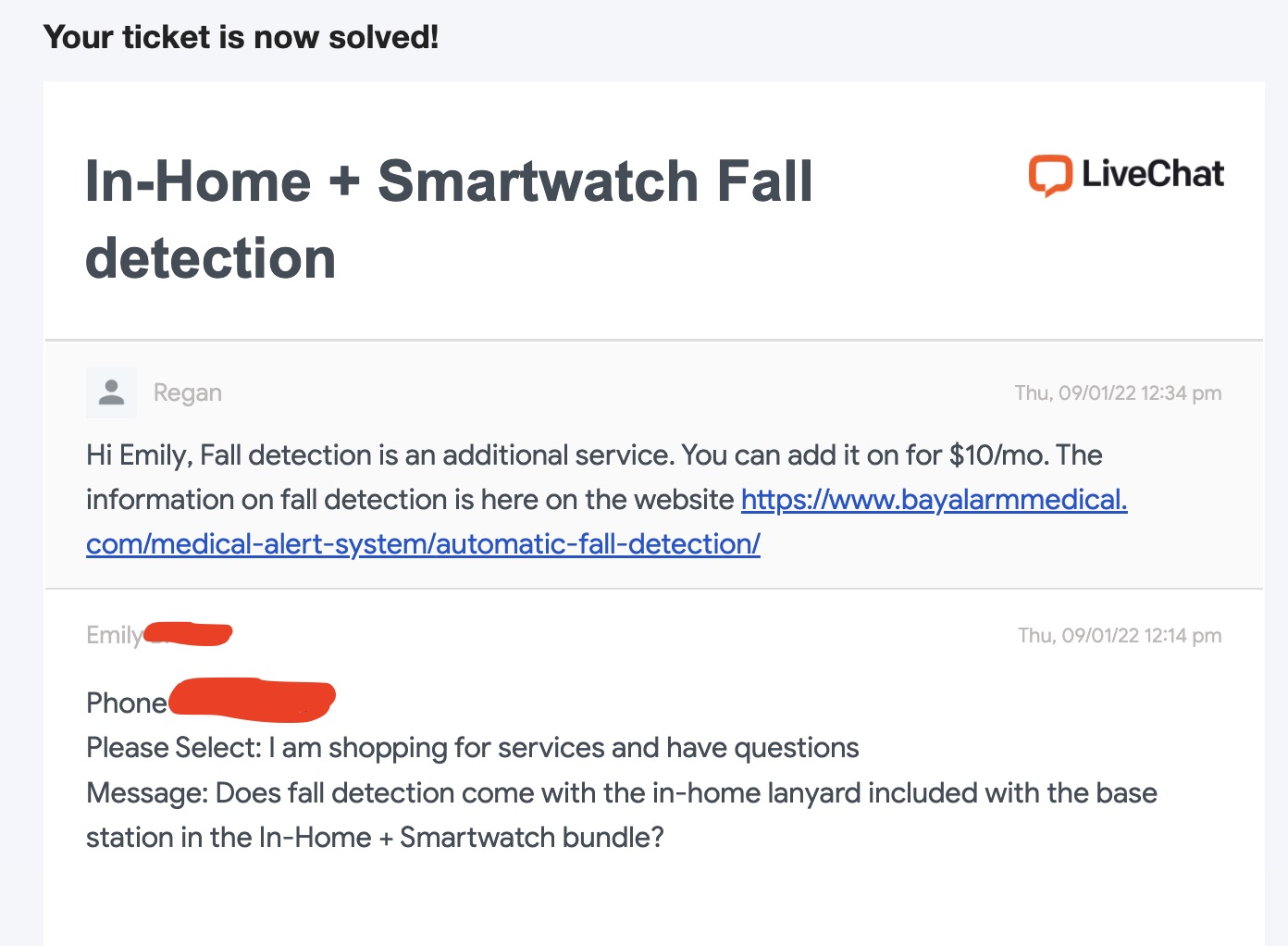 screenshot of Bay Alarm Medical chat ticket