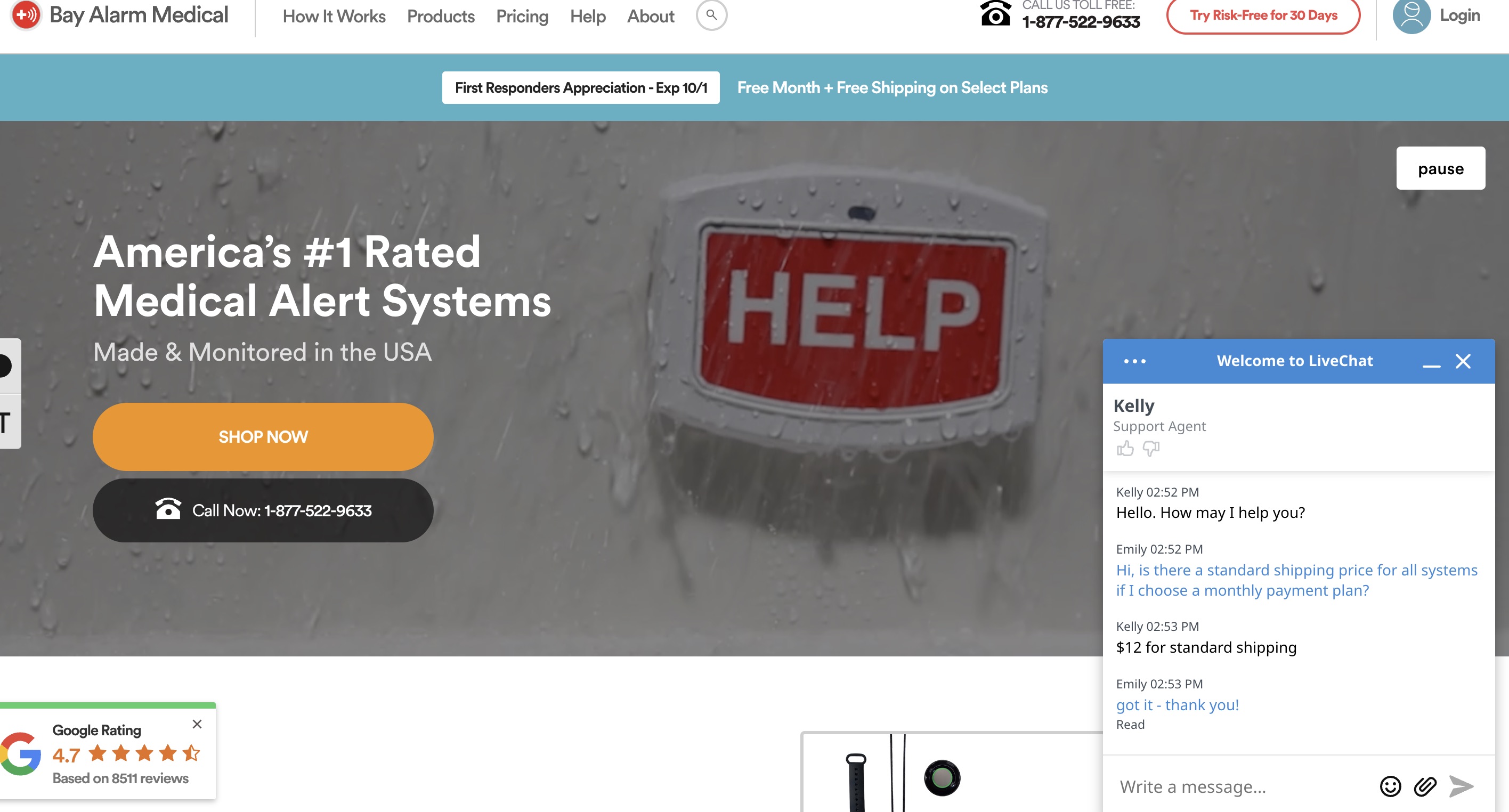 screenshot of Bay Alarm Medical live chat