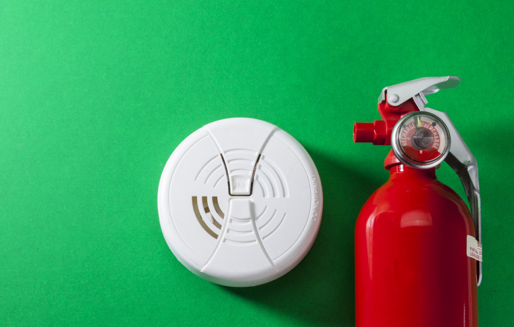 Fire extinguisher, smoke detector and carbon monoxide alarm.