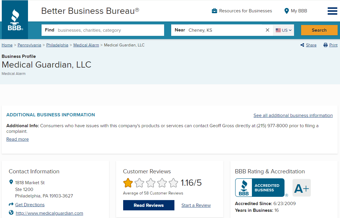 Medical Guardian profile on Better Business Bureau website