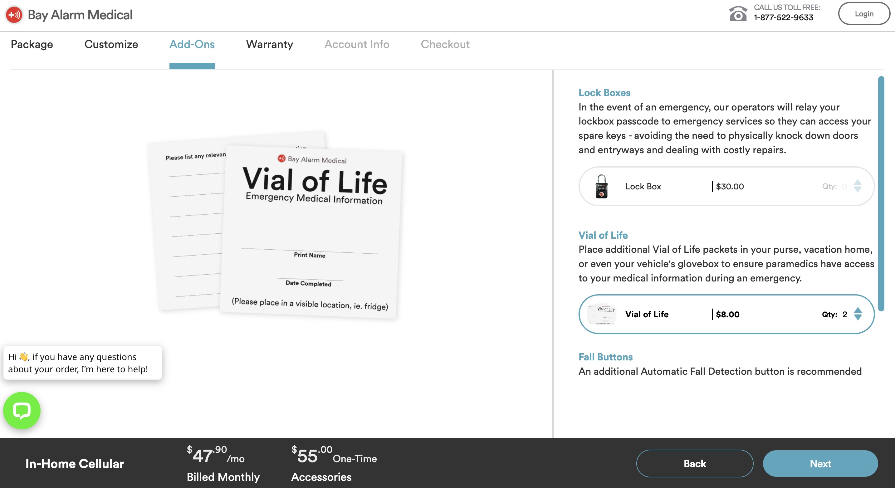 screenshot of monthly and one time billing during the checkout process of Bay Alarm Medical