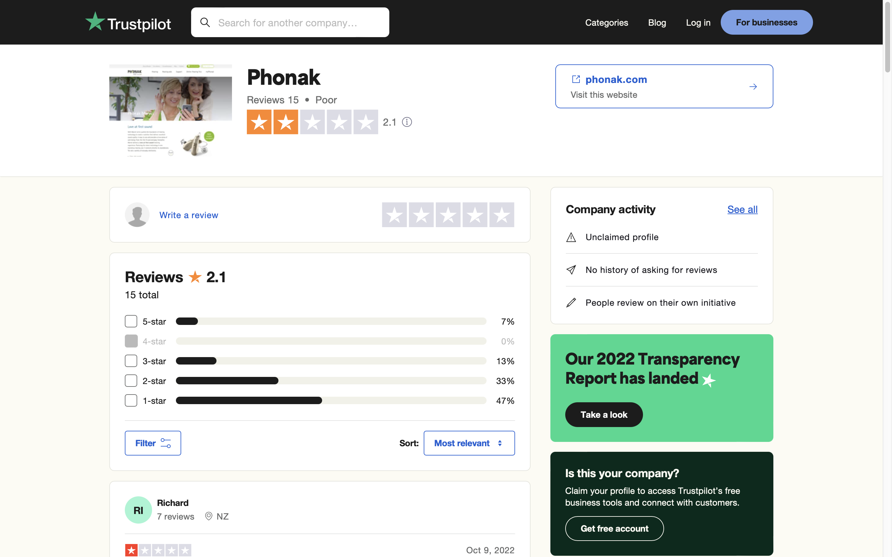 screenshot of Phonak Hearing Aids TrustPilot profile