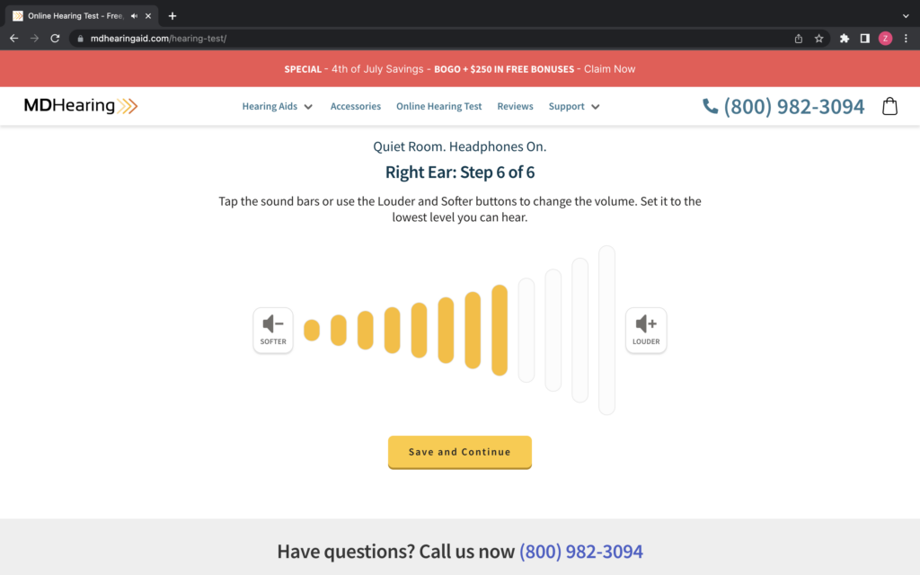 A screenshot of MDHearing's online hearing test showing a sliding volume scale that's testing the right ear