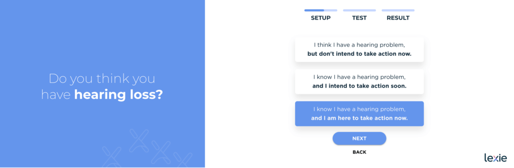A screenshot of hearing loss questions from Lexie's online hearing test.