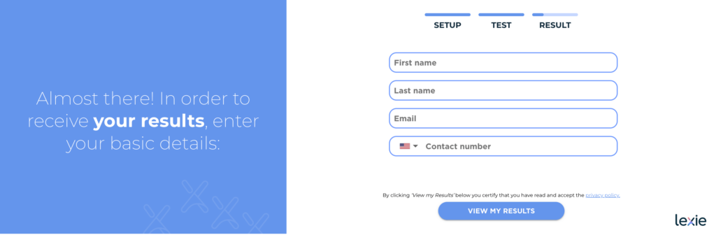 A screenshot of a form with fields "First name," "Last name," "Email," and a contact number box from Lexie's online hearing test results screen.