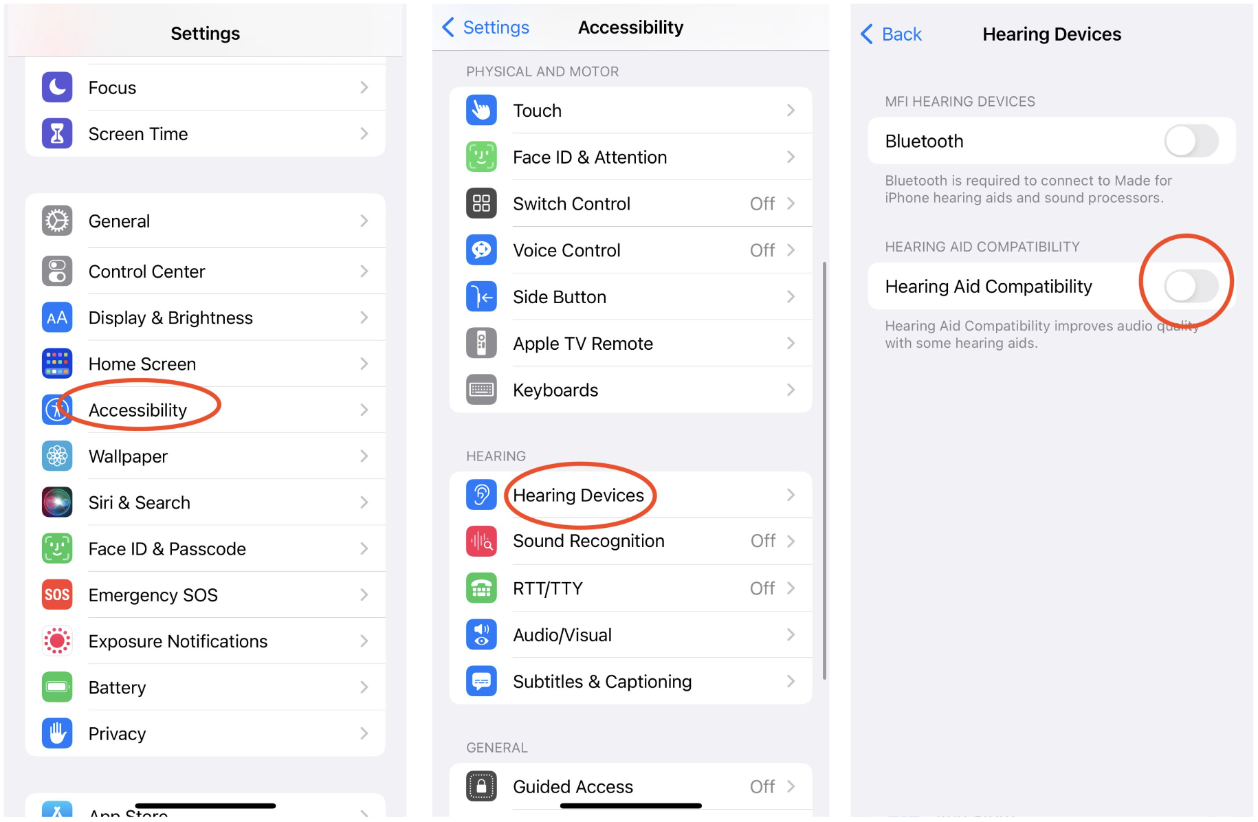 iPhone screenshots of hearing aid compatibility steps