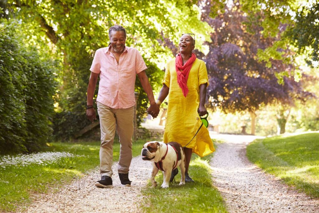 Elderly Couple walking dog