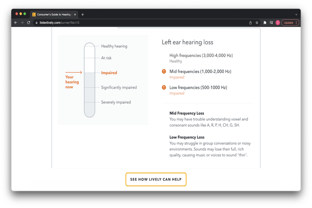 A screenshot of Lively’s online hearing test results showing impaired hearing loss for the left ear at mid- and low-frequencies.