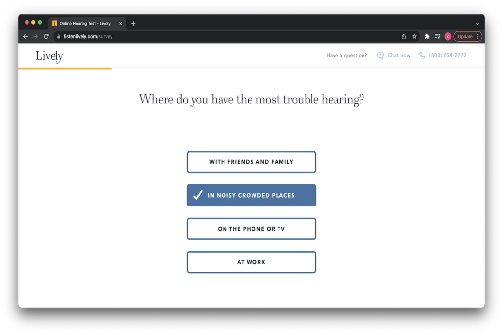 A screenshot of Lively’s online hearing test with the question, “Where do you have the most trouble hearing?” and four possible answers.