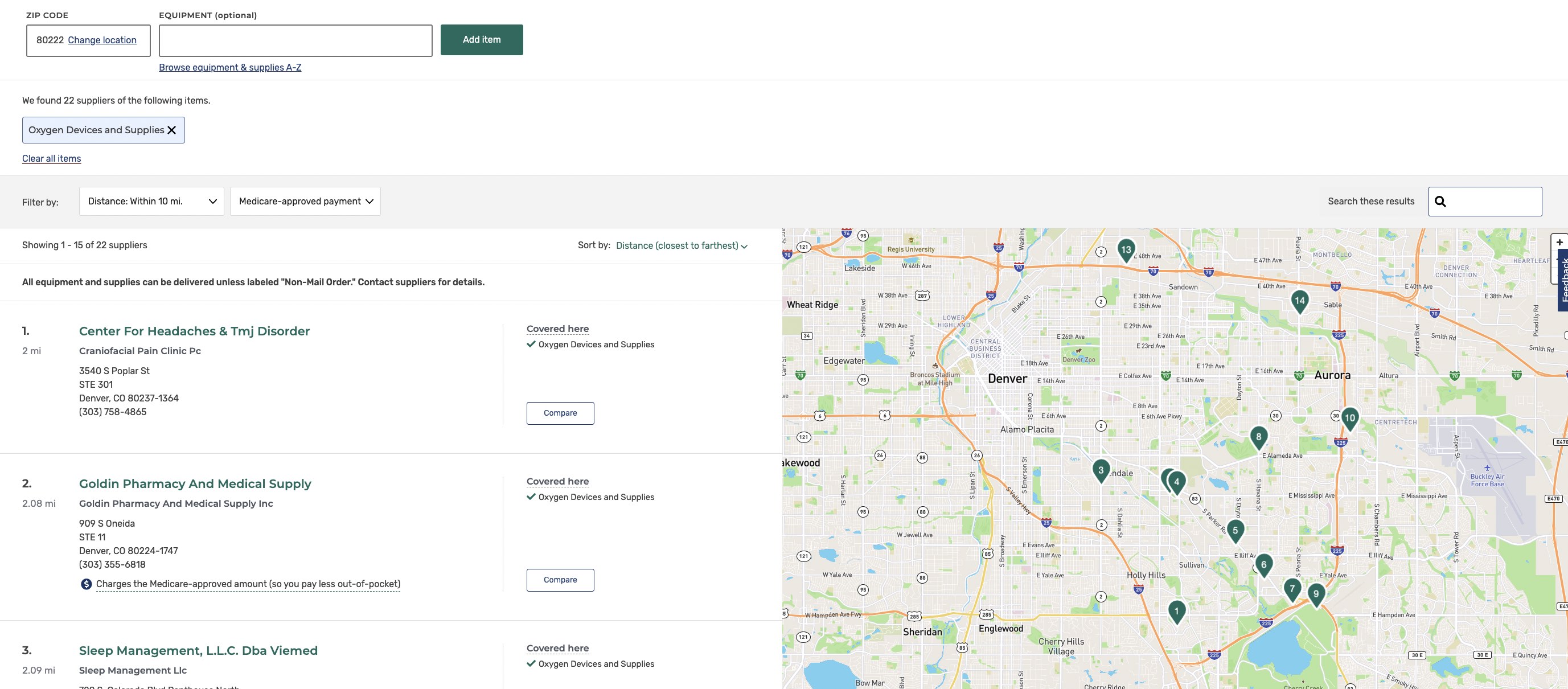 Screenshot image of a Medicare's supplier directory